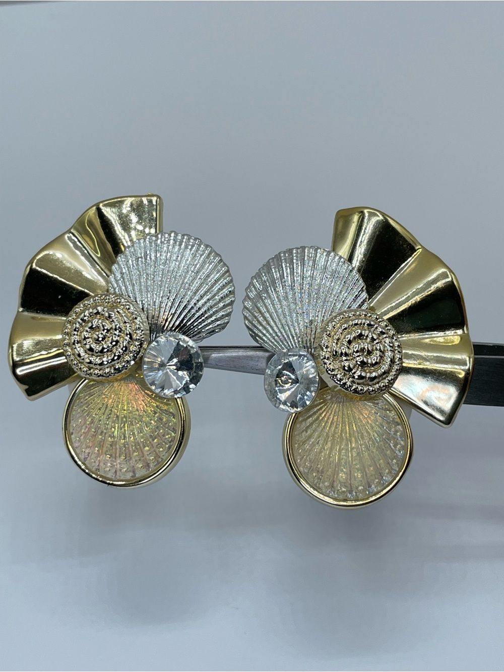 Statement Shell Acrylic Crystal Mixed Metal Clip On Earrings Coastal Retro